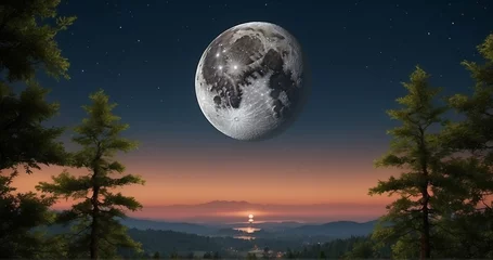 Acrylic prints Full moon and trees Capture the ultra-realistic details of a supermoon – when the moon is at its closest point to Earth – hovering over a tranquil landscape. Showcase the size and brightness of the moon-AI Generative