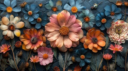 a close up of a bunch of flowers with leaves on a black background with blue, orange, pink, and yellow flowers.