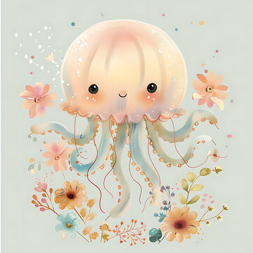 Illustration with a cute pink jellifish, flowers and seaweed on a blue background, in watercolor  style. Ideal for the design of cards, posters, wallpapers, prints on mugs, pillows, bags, packaging
