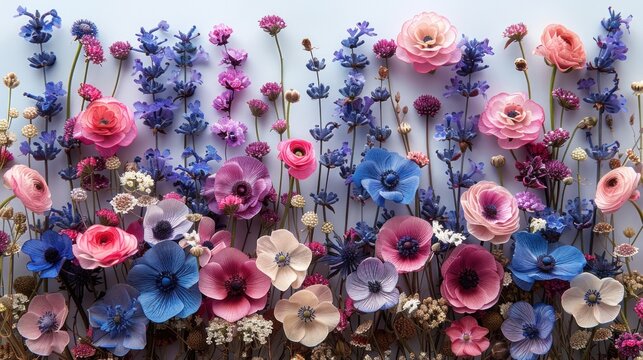 a bunch of flowers that are on the side of a wall with purple, pink, and blue flowers on it.