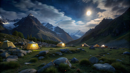 Camp in the mountains of Almaty. The dark night is illuminated by the moon. There are tents in the camp. Mountainous area covered with grass and stones
