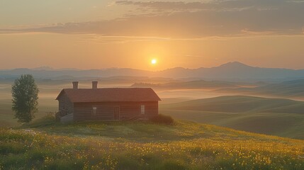 a house sitting on top of a lush green hillside next to a field filled with wildflowers at sunset.