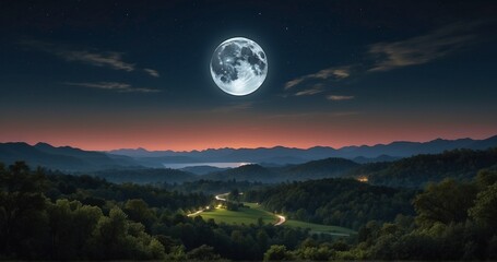 Capture the ultra-realistic details of a supermoon – when the moon is at its closest point to Earth – hovering over a tranquil landscape. Showcase the size and brightness of the moon-AI Generative
