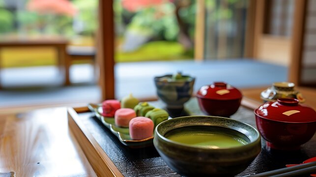 A traditional Japanese tea ceremony with matcha tea and delicate sweets