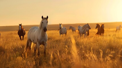 A herd of horses grazing peacefully in a golden field at sunset creating a serene natural landscape.  - obrazy, fototapety, plakaty