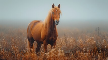 A majestic palomino horse stands in a misty, golden field highlighted by soft morning light.  - obrazy, fototapety, plakaty