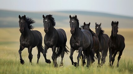 A herd of black horses running through a green field under a cloudy sky.