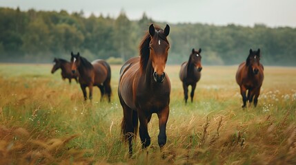 A herd of horses grazes peacefully on a lush green meadow under a hazy sky. - obrazy, fototapety, plakaty