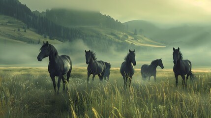 A serene image of a herd of horses galloping through a misty meadow at dawn, evoking a sense of...
