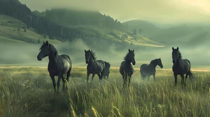 Papier Peint photo Lavable Kaki A serene image of a herd of horses galloping through a misty meadow at dawn, evoking a sense of freedom and tranquility. 