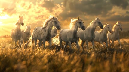 A majestic herd of white horses galloping in an open field at sunset with golden sunlight filtering through - obrazy, fototapety, plakaty