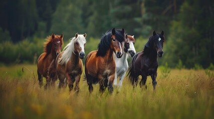 A dynamic image of five horses running through a field with a forest backdrop, perfect for conveying freedom and power in nature  - obrazy, fototapety, plakaty