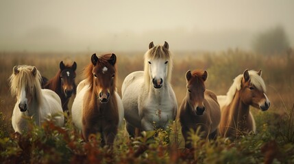A serene group of horses stands together in a misty field, evoking a sense of calm and beauty.  - obrazy, fototapety, plakaty