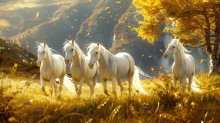 A herd of graceful white horses gallops through an autumn-colored meadow illuminated by golden sunlight. - obrazy, fototapety, plakaty