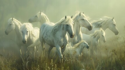 A majestic herd of white horses galloping together through a misty, sunlit field  - obrazy, fototapety, plakaty