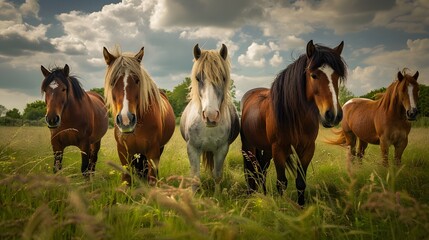A group of five horses standing in a field with a cloudy sky in the background, depicting a serene rural scene - obrazy, fototapety, plakaty