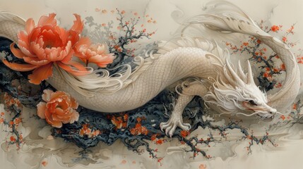 a painting of a white dragon with orange flowers on it's body and a red flower in its mouth. - obrazy, fototapety, plakaty
