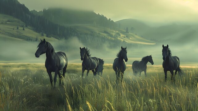 A serene image of a herd of horses galloping through a misty meadow at dawn, evoking a sense of freedom and tranquility. 