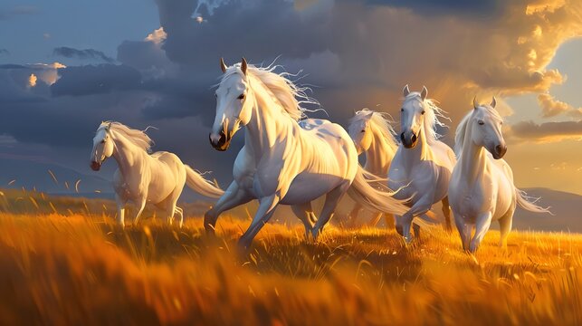A majestic herd of white horses galloping freely across a golden field at sunset 