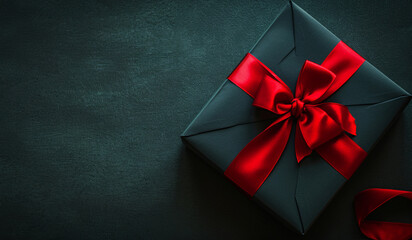 Close up black gift on black background with copyspace. Valentine's day, black friday, romance, love, wedding anniversary concept