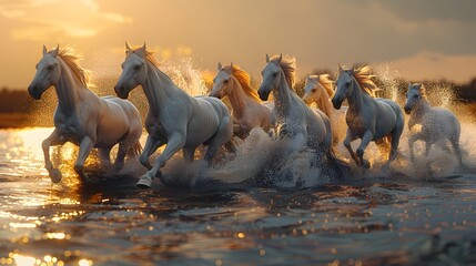 Majestic white horses galloping through water at sunset, kicking up spray and exuding a sense of freedom and power.  - obrazy, fototapety, plakaty
