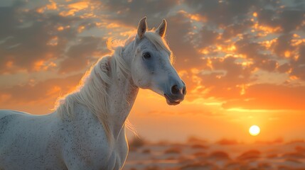A majestic white horse stands in profile against a stunning sunrise backdrop. 