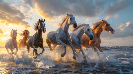 A dynamic image capturing a group of majestic horses running through the ocean at sunset with splashing water and dramatic skies. - obrazy, fototapety, plakaty