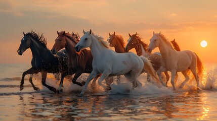 A majestic herd of horses gallops through the water at sunset, reflecting a tranquil yet powerful essence in nature. 