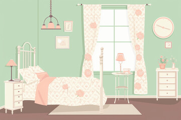 a vintage poster of a bedroom, pastel colors, flat design, plain background