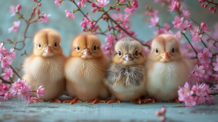 a group of small chickens sitting next to each other on top of a field of pink flowers in front of a blue background.