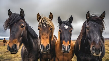 Four horses with various coat colors are standing side-by-side against a cloudy sky backdrop. - Powered by Adobe