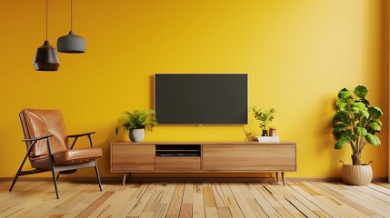 Cabinet TV in modern living room with leather armchair and plant on yellow wall background