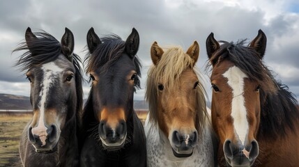 Four friendly horses standing close together against a scenic landscape backdrop