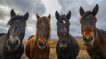 Four horses of different breeds standing close together in a grassy field. - obrazy, fototapety, plakaty