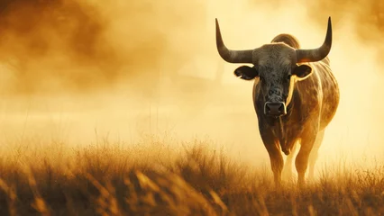 Deurstickers A large bull raises dust with its furious running against the backdrop of sunset rays, a symbol of the state of Texas, bullfighting © Sunny
