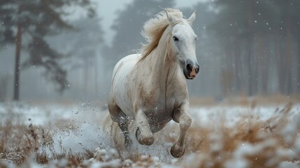 Obraz na płótnie Canvas A majestic white horse gallops powerfully through a snowy forest landscape.
