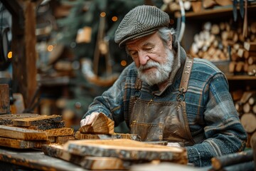 A focused woodworker is shaping a piece of wood in a cluttered, rustic workshop setting