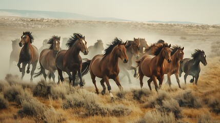A dynamic herd of horses gallops across a misty field, encapsulating the sense of freedom and wild beauty in nature.  - obrazy, fototapety, plakaty