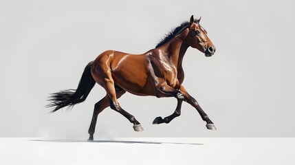 A majestic brown horse gallops with grace and power against a clean white background, perfectly showcasing its strength and beauty. 