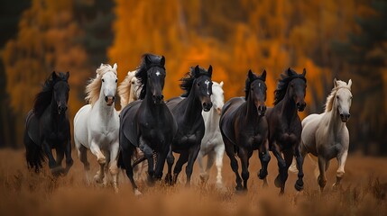 A herd of majestic horses in varied colors galloping against an autumnal forest backdrop. 