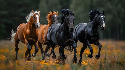Galloping horses showcasing the powerful elegance of wild animals in a natural setting with a...