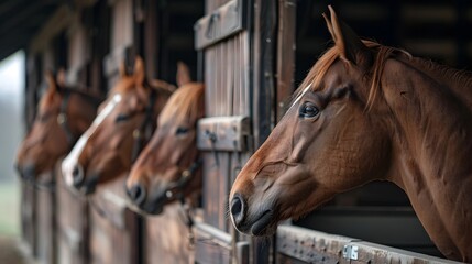 A line of brown horses peeking their heads out from stable windows, showcasing their equine profiles and attentive expressions. - obrazy, fototapety, plakaty