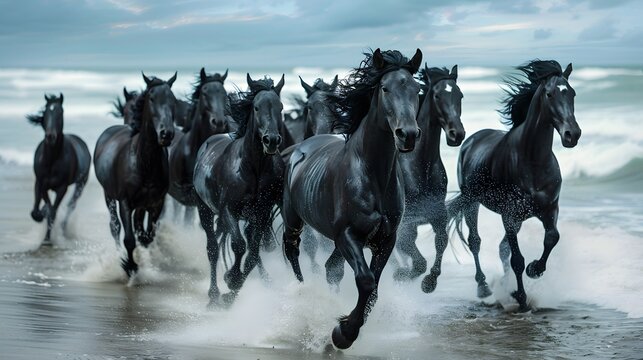 A herd of black horses running towards the viewer on a beach, with the surf of the ocean at their hooves and a stormy sky above