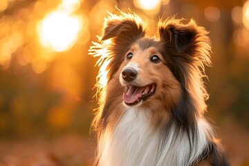 Collie Dog in the Autumn Park at Sunset - obrazy, fototapety, plakaty