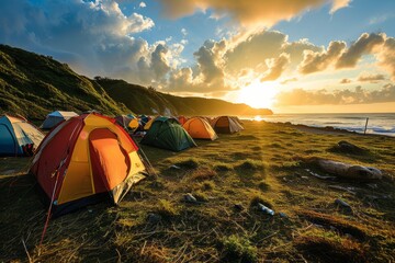 Many tourist tents stand on the river shore in a campsite