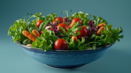 A vibrant and colorful vegetable salad, bursting with fresh greens, juicy tomatoes, and crunchy carrots, rendered in a realistic and lifelike 