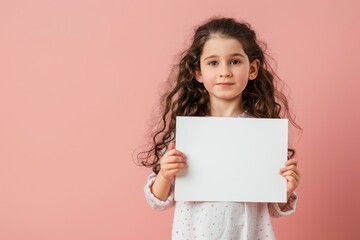 Young girl holding up a blank sheet of paper with space for a message  - obrazy, fototapety, plakaty