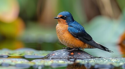 a blue and orange bird sitting on top of a rock in the middle of a body of water with lily pads around it.