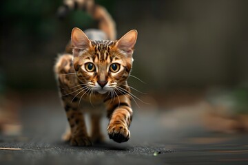 Bengal Cat Running Out into a Dark Street at Night - obrazy, fototapety, plakaty
