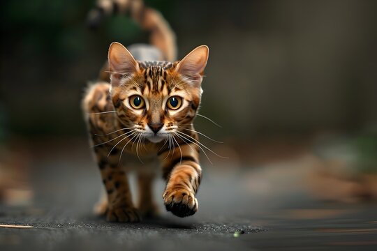 Bengal Cat Running Out into a Dark Street at Night